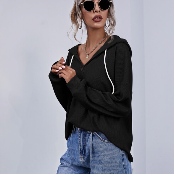 Button up oversized waffle long sleeve hoodie top - Picture 9 of 11